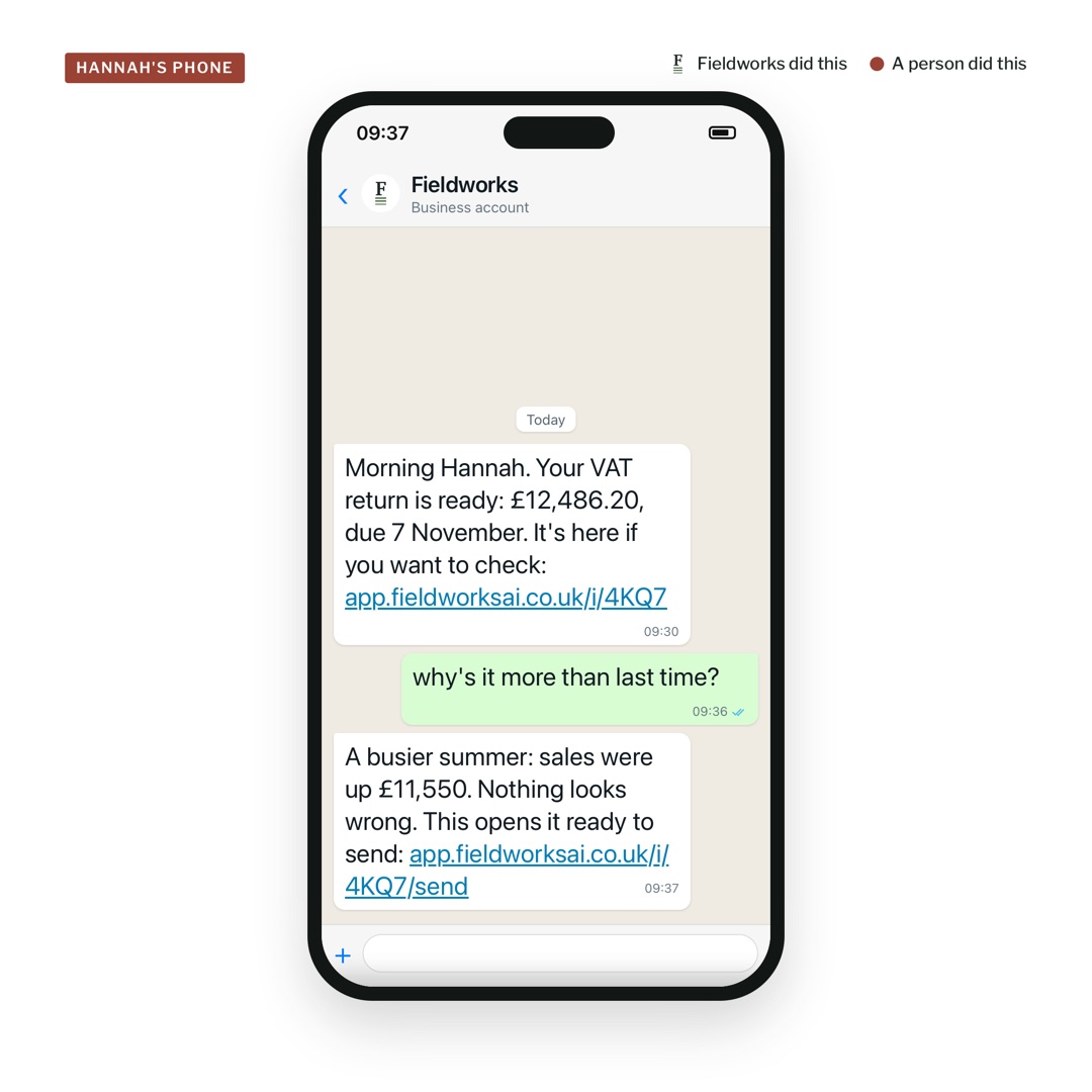 Demo: Hannah asks about the VAT return by message, then sends it from the accounts.