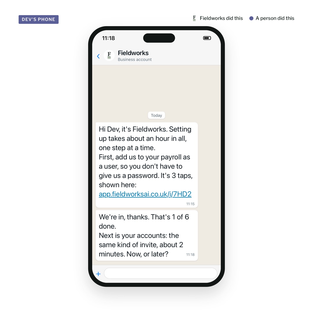 Demo: Dev adds Fieldworks to the payroll as a user.